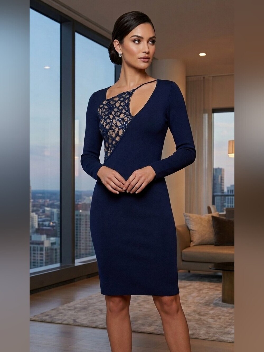 Miss Circle New York Dress Blue Sequin Cut Out Neckline Bodycon Size Small